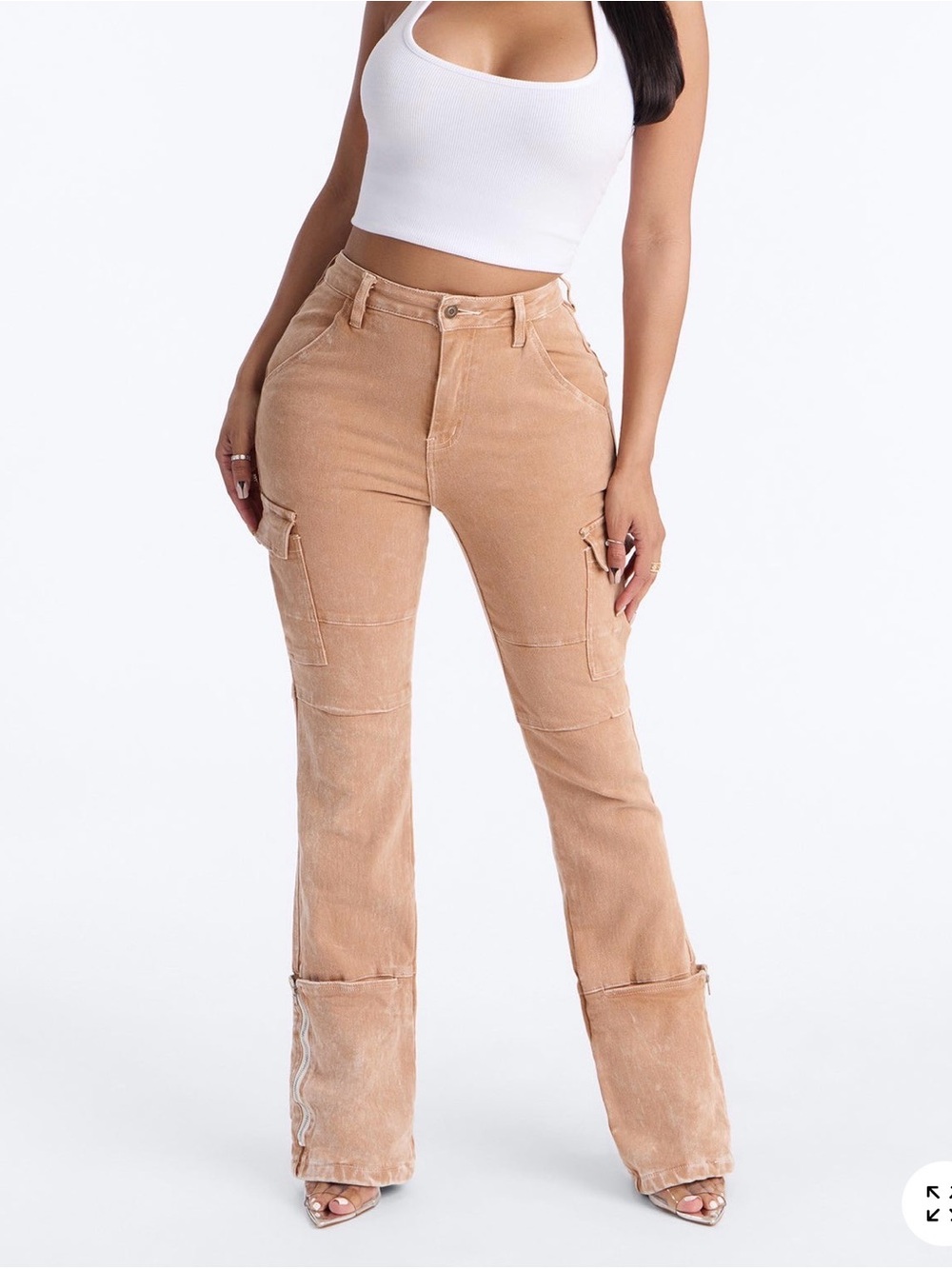 Beige stretch Cargo Flare Pants Fashion Nova